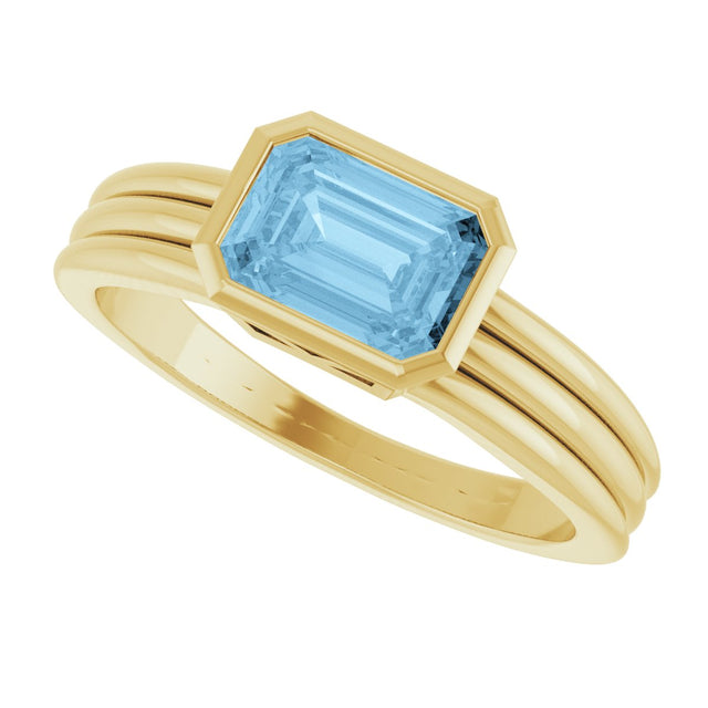 14K Gold Emerald Natural Sky Blue Topaz Bezel-Set Grooved Solitaire Ring - Yellow Gold - view 5