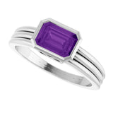 14K Gold Emerald Natural Amethyst Bezel-Set Grooved Solitaire Ring - White Gold - view 5