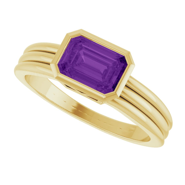 14K Gold Emerald Natural Amethyst Bezel-Set Grooved Solitaire Ring - Yellow Gold - view 5
