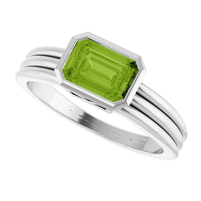 14K Gold Emerald Natural Peridot Bezel-Set Grooved Solitaire Ring - White Gold - view 5