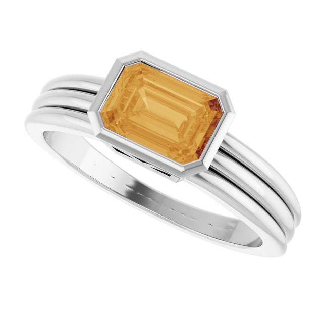 14K Gold Emerald Natural Citrine Bezel-Set Grooved Solitaire Ring - White Gold - view 5