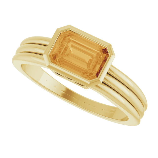 14K Gold Emerald Natural Citrine Bezel-Set Grooved Solitaire Ring - Yellow Gold - view 5