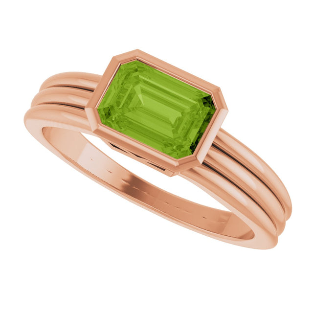 14K Gold Emerald Natural Peridot Bezel-Set Grooved Solitaire Ring - Rose Gold - view 5