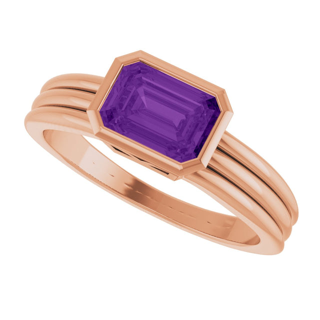 14K Gold Emerald Natural Amethyst Bezel-Set Grooved Solitaire Ring - Rose Gold - view 5