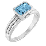 14K Gold Emerald Natural Sky Blue Topaz Bezel-Set Grooved Solitaire Ring - White Gold