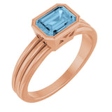 14K Gold Emerald Natural Sky Blue Topaz Bezel-Set Grooved Solitaire Ring - Rose Gold