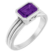 14K Gold Emerald Natural Amethyst Bezel-Set Grooved Solitaire Ring - White Gold