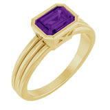 14K Gold Emerald Natural Amethyst Bezel-Set Grooved Solitaire Ring - Yellow Gold