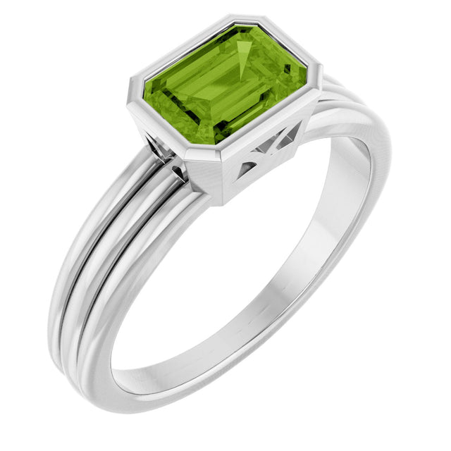 Platinum Emerald Natural Peridot Bezel-Set Grooved Solitaire Ring