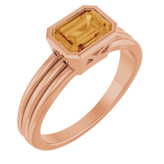14K Gold Emerald Natural Citrine Bezel-Set Grooved Solitaire Ring - Rose Gold