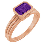 14K Gold Emerald Natural Amethyst Bezel-Set Grooved Solitaire Ring - Rose Gold