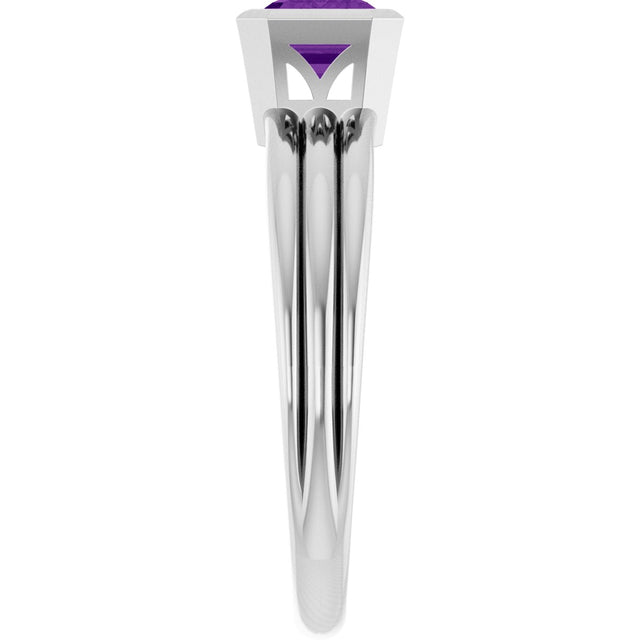14K Gold Emerald Natural Amethyst Bezel-Set Grooved Solitaire Ring - White Gold - view 4
