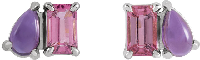 14K Gold Emerald Natural Pink Tourmaline & Natural Amethyst Two-Stone Stud Earring - White Gold - view 2