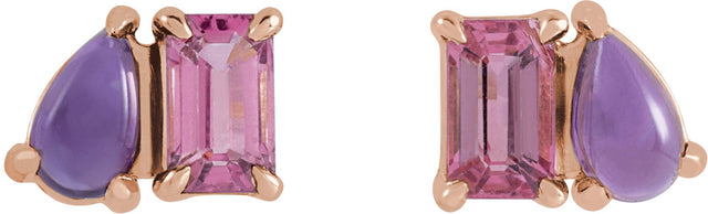 14K Gold Emerald Natural Pink Tourmaline & Natural Amethyst Two-Stone Stud Earring - Rose Gold - view 2