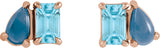 14K Gold Emerald Natural Sky Blue Topaz & Natural London Blue Topaz Two-Stone Stud Earring - Rose Gold - view 2