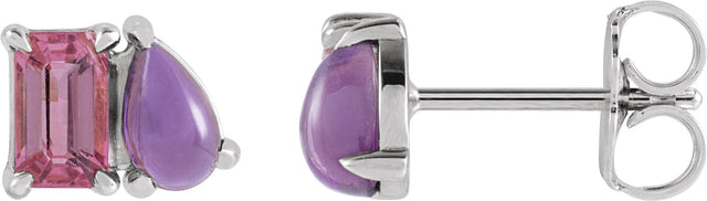 14K Gold Emerald Natural Pink Tourmaline & Natural Amethyst Two-Stone Stud Earring - White Gold