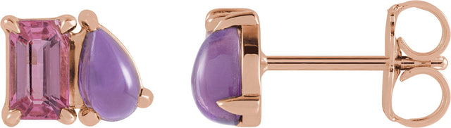 14K Gold Emerald Natural Pink Tourmaline & Natural Amethyst Two-Stone Stud Earring - Rose Gold
