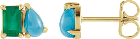 14K Gold Emerald Lab-Grown Emerald & Natural Turquoise Two-Stone Stud Earring - Yellow Gold
