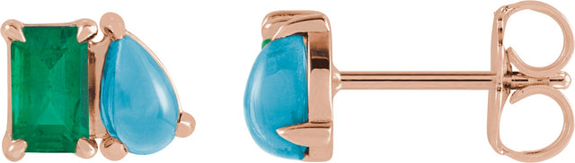 14K Gold Emerald Lab-Grown Emerald & Natural Turquoise Two-Stone Stud Earring - Rose Gold