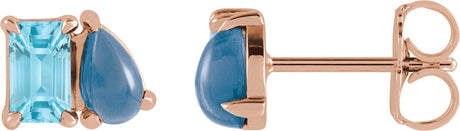 14K Gold Emerald Natural Sky Blue Topaz & Natural London Blue Topaz Two-Stone Stud Earring - Rose Gold