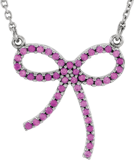 14K Gold Round Natural Pink Sapphire Pink Sapphire Bow Necklace