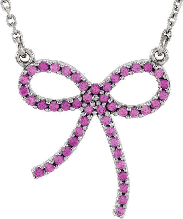 14K Gold Round Natural Pink Sapphire Pink Sapphire Bow Necklace