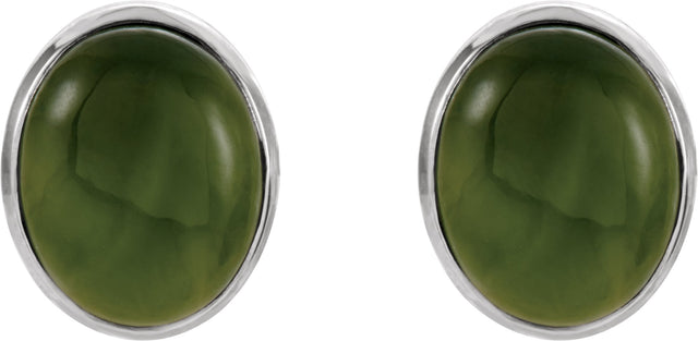 14K Gold Oval Natural Nephrite Jade Bezel-Set Solitaire Earrings - view 2