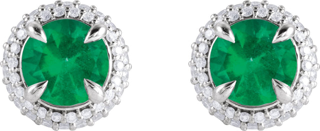 14K Gold Lab-Grown Emerald & Lab-Grown Diamond Round 4-Claw Prong Pre-Notched Halo-Style Earring - White Gold - view 2