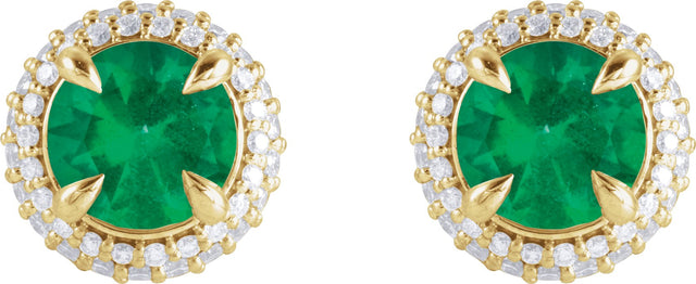 14K Gold Lab-Grown Emerald & Lab-Grown Diamond Round 4-Claw Prong Pre-Notched Halo-Style Earring - Yellow Gold - view 2