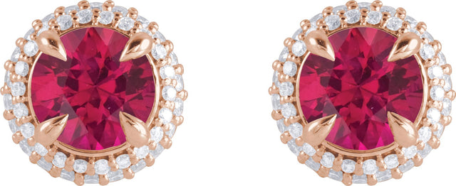 14K Gold Lab-Grown Ruby & Lab-Grown Diamond Round 4-Claw Prong Pre-Notched Halo-Style Earring - Rose Gold - view 2