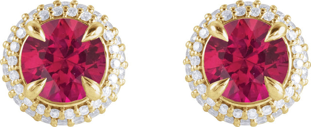 14K Gold Lab-Grown Ruby & Lab-Grown Diamond Round 4-Claw Prong Pre-Notched Halo-Style Earring - Rose Gold - view 3