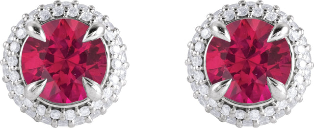 14K Gold Lab-Grown Ruby & Lab-Grown Diamond Round 4-Claw Prong Pre-Notched Halo-Style Earring - White Gold - view 2