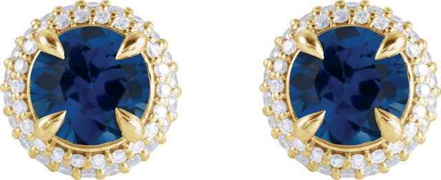 14K Gold Natural Blue Sapphire & Lab-Grown Diamond Round 4-Claw Prong Pre-Notched Halo-Style Earring - Yellow Gold - view 2