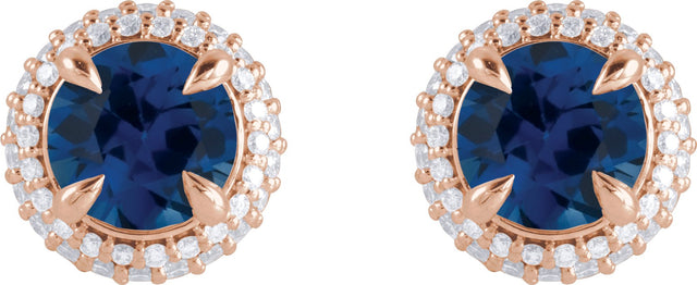 14K Gold Lab-Grown Blue Sapphire & Lab-Grown Diamond Round 4-Claw Prong Pre-Notched Halo-Style Earring - Rose Gold - view 2