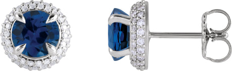14K Gold Lab-Grown Blue Sapphire & Lab-Grown Diamond Round 4-Claw Prong Pre-Notched Halo-Style Earring - White Gold