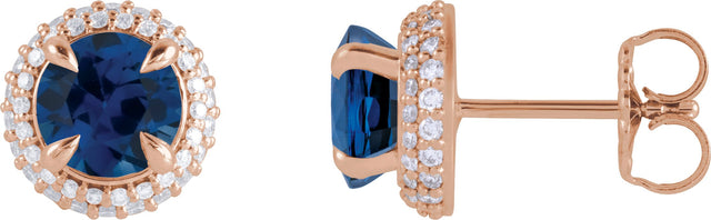 14K Gold Natural Blue Sapphire & Lab-Grown Diamond Round 4-Claw Prong Pre-Notched Halo-Style Earring - Rose Gold