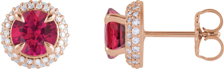 14K Gold Lab-Grown Ruby & Lab-Grown Diamond Round 4-Claw Prong Pre-Notched Halo-Style Earring - Rose Gold