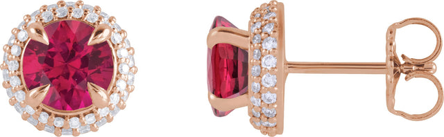 14K Gold Lab-Grown Ruby & Lab-Grown Diamond Round 4-Claw Prong Pre-Notched Halo-Style Earring - Rose Gold