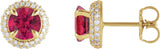 14K Gold Lab-Grown Ruby & Lab-Grown Diamond Round 4-Claw Prong Pre-Notched Halo-Style Earring - Yellow Gold
