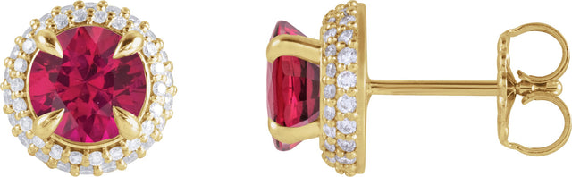 14K Gold Lab-Grown Ruby & Lab-Grown Diamond Round 4-Claw Prong Pre-Notched Halo-Style Earring - Yellow Gold