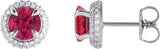 14K Gold Lab-Grown Ruby & Lab-Grown Diamond Round 4-Claw Prong Pre-Notched Halo-Style Earring - White Gold