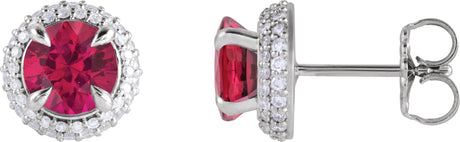 14K Gold Lab-Grown Ruby & Lab-Grown Diamond Round 4-Claw Prong Pre-Notched Halo-Style Earring - White Gold
