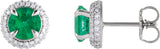 14K Gold Lab-Grown Emerald & Lab-Grown Diamond Round 4-Claw Prong Pre-Notched Halo-Style Earring - White Gold