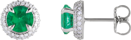 14K Gold Lab-Grown Emerald & Lab-Grown Diamond Round 4-Claw Prong Pre-Notched Halo-Style Earring - White Gold