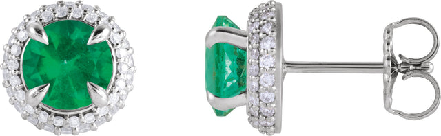 14K Gold Lab-Grown Emerald & Lab-Grown Diamond Round 4-Claw Prong Pre-Notched Halo-Style Earring - White Gold