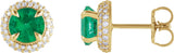14K Gold Lab-Grown Emerald & Lab-Grown Diamond Round 4-Claw Prong Pre-Notched Halo-Style Earring - Yellow Gold