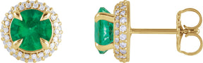 14K Gold Lab-Grown Emerald & Lab-Grown Diamond Round 4-Claw Prong Pre-Notched Halo-Style Earring - Yellow Gold