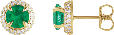 14K Gold Lab-Grown Emerald & Lab-Grown Diamond Round 4-Claw Prong Pre-Notched Halo-Style Earring - Yellow Gold