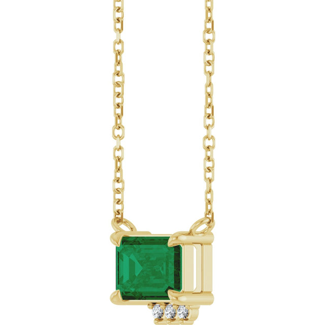 14K Gold Emerald Lab-Grown Emerald & Natural Diamond Accented Necklace - Yellow Gold - view 3