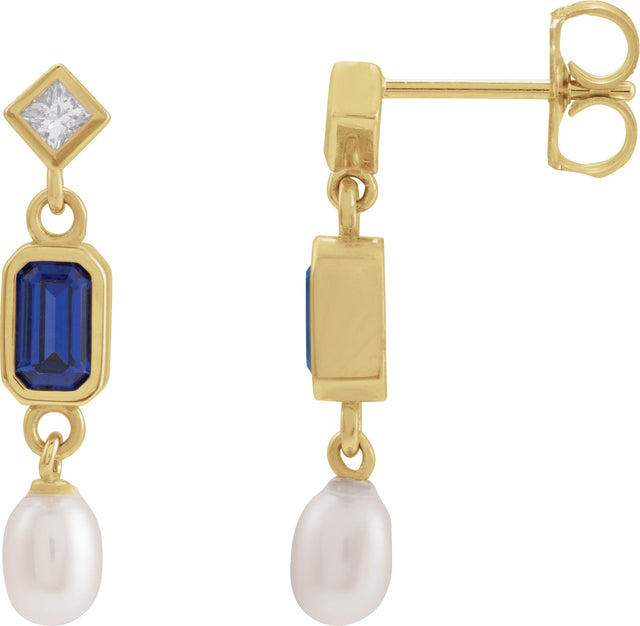 14K Gold Emerald Lab-Grown Blue Sapphire & Cultured White Akoya Pearl & Natural Diamond Accented Pearl Earrings - Yellow Gold